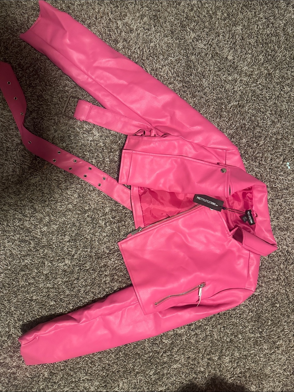 PrettyLittleThing Hot Pink Faux Leather Biker Jacket with Belt